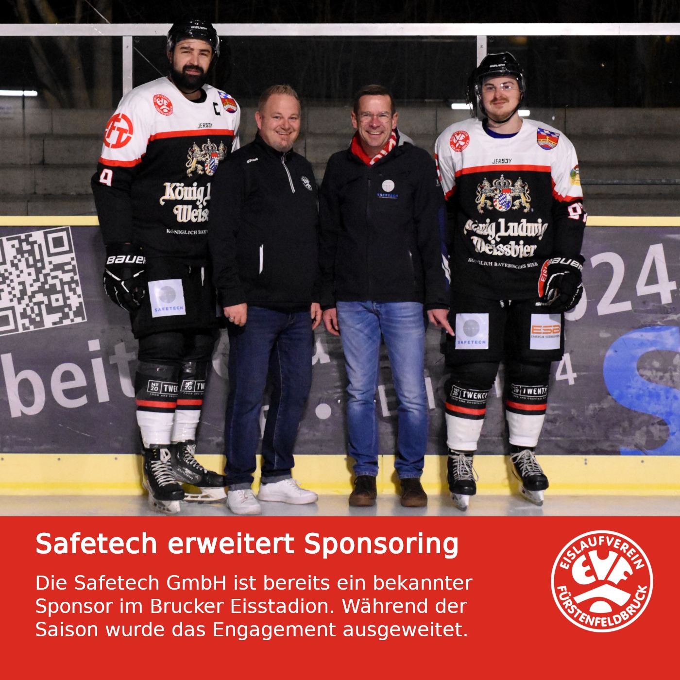 Die Safetech GmbH hat Ihr Sponsoring beim EV Fürstenfeldbruck erweitert. Das Brucker Unternehmen wirbt mit zehn Metern Bande im Eisstadion an der Klosterstraße und ist seit kurzem außerdem mit seinem Logo auf den Hosen der ersten Mannschaft des EVF in der Eishockey-Landesliga präsent. Safetech bietet seinen Kunden projektbezogene und maßgefertigte Komplettlösungen für Absturzsicherungssysteme und Steigleiteranlagen. Zum Portfolio gehören unter anderem Gefährdungsanalyse, CAD-Planung und Montage von Absturzsicherungssystemen sowie die Wartung und Prüfung solcher Systeme. Auch Steigleitersysteme plant, montiert und prüft die Safetech GmbH. Außerdem vertreibt das Unternehmen persönliche Schutzausrüstung über einen eigenen Onlineshop: arbeitsschutz-shop24.de Der geschäftsführende Gesellschafter Carsten Schuchhardt blickt auf eine stolze Familientradition zurück: Seit fast 300 Jahren gibt es Dachdeckermeister in seiner Familie. Schuchhardt selbst führt dieses Erbe fort. Über sein Engagement beim EVF als Sponsor sagt Carsten Schuchhardt: „Das erweiterte Sponsoring ist für mich eine Herzensangelegenheit und drückt die tiefe Verbundenheit und Unterstützung für meinen Heimatverein aus. Als leidenschaftlicher Fan ist es mir eine Ehre, den Amateursport in Fürstenfeldbruck nachhaltig zu unterstützen. Insbesondere die großartige Jugendarbeit des EVF mit der vorhandenen Durchlässigkeit für viele Jugendliche bis in die erste Mannschaft verdient eine hohe Anerkennung. Ich bin mir sicher, dass jeder Sponsor so die Werte und Kultur eines Vereins unterstützen und stärken kann. Nur gemeinsam kann man viel erreichen und die Gemeinschaft stärken.“ Der EV Fürstenfeldbruck bedankt sich bei Carsten Schuchhardt und der Safetech GmbH ganz herzlich für diese für den Verein sehr wichtige Unterstützung.